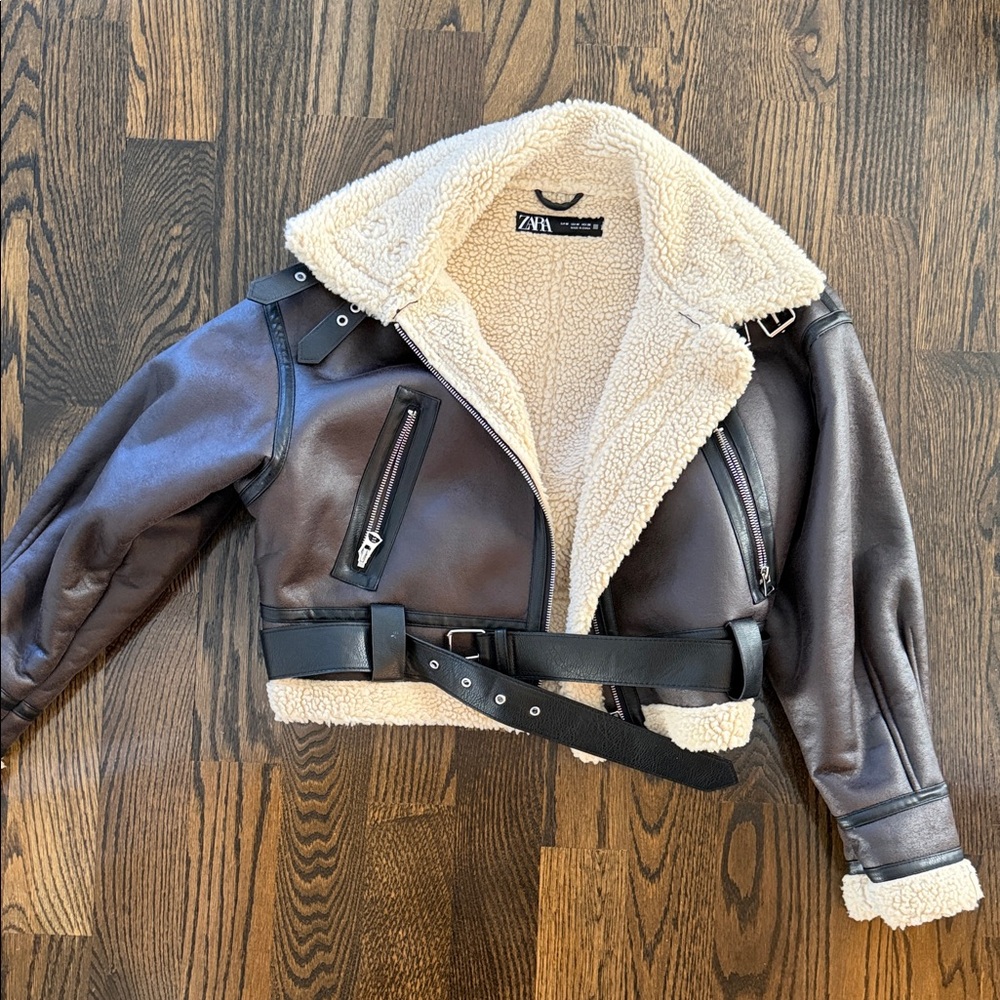 Zara Dark Brown Leather Jacket with Cream Fleece